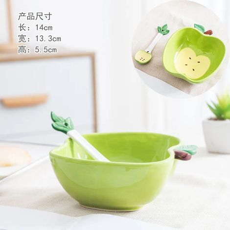 (Bol à pommes) Bol à riz créatif en forme de fruit avec cuillère - Bol ménager en céramique