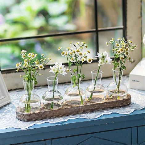 Station de multiplication des plantes avec vase décoratif en verre : 5 pots en verre avec un plateau en bois blanc, convient aux salons et aux bureaux. (1/5)