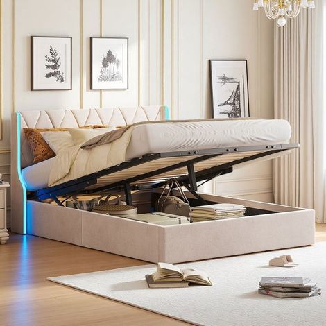 Cama doble - 160x200 capitoné - Almacenamiento con cofre hidráulico - LED RGB - Terciopelo beige