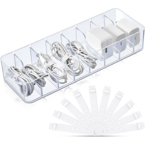 Organizador cables 1 pieza 10 bridas, caja plástico cables, organizador aparatos electrónicos compartimentos ajustables, escritorio, transparente (1/4)