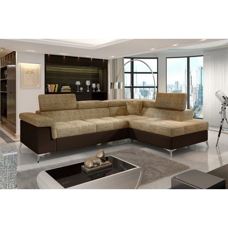 Canapé d'angle convertible - ERMAN - en tissu et simili 5 places, marron et chocolat, angle droit (vu de face) (1/5)