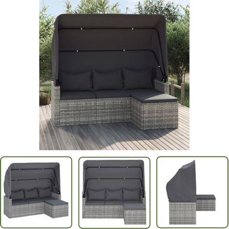 The Living Store Canapé de jardin 3 places avec toit et repose-pieds Gris - Canapé De Jardin - Mobilier De Jardin - Salon De Jardin - Chaise Lounge - Résine Tressée (1/5)