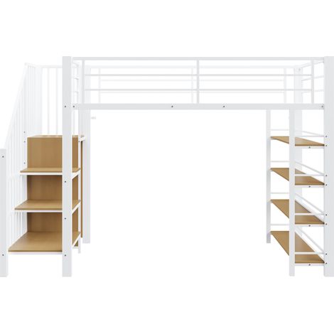 Letto a soppalco 90 x 200 cm in metallo e MDF con scala, contenitore e armadio, bianco (1/5)