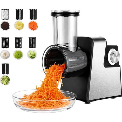 Rapeuse Legume Electrique 300W avec 7 Lames pour Fromage Légumes Fruits Multifonctionnel Robot Coupe Legumes avec Port D'alimentation Visuel et Pièces Démontables pour Trancher, Râper et Hache (1/5)