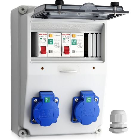 Coffret Électrique de Chantier IP66 avec 2 Prises Schuko et Disjoncteur FI+LS,Coffret Chantier Répartiteur Mural Etanche,Distributeur de Courant pour Extérieur,Jardin,Garage(type-F)