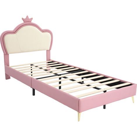 Cama infantil acolchada con cabecero corona, PU rosa y blanco, 90 x 200 cm (1/5)