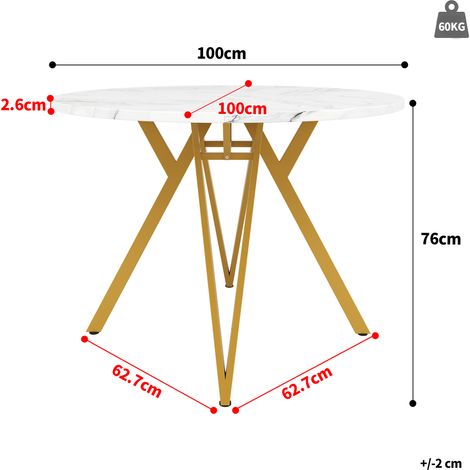 Table ronde à manger 100×100×76cm plateau marbre MDF,pieds métal stylés dorés,capacité 4 personnes