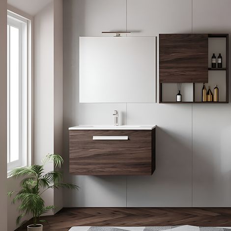 Mobile bagno sospeso 82 cm con lavabo in ceramica AURA1 Olmo Caffe' (1/4)