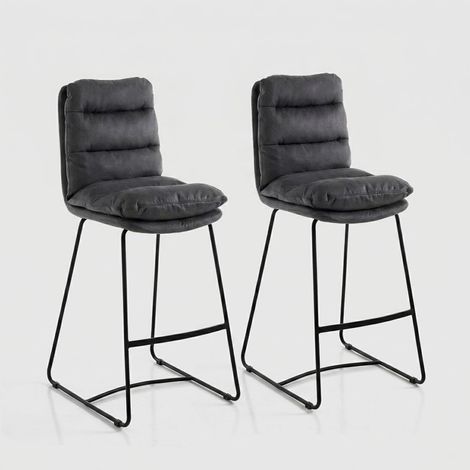 Set mit 2 gepolsterten Barhockern, grauer Samt, Metallbeine, Modell Osten