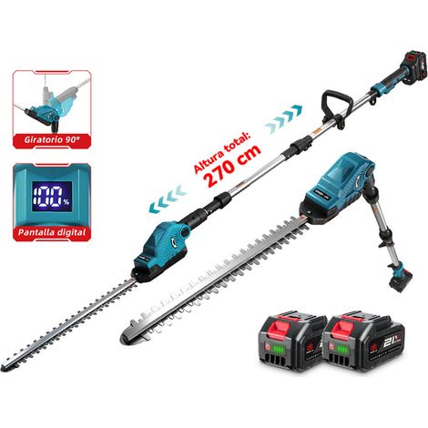Cortasetos eléctrico telescópico de 2,7 m, cuchilla de doble acción 50 cm, diámetro de corte 1,6 cm, cabezal pivotante ajustable a 90°, incluye dos baterías (1/5)