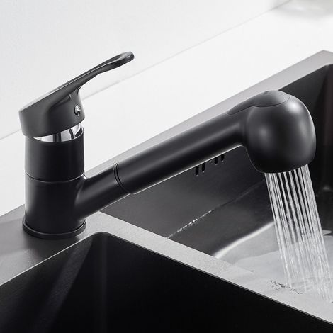 Robinet Cuisine Douchette Noir à 2 Jets Mitigeur Evier Cuisine avec Douchette Extractible en Laiton Robinetterie Mélangeur Eau Froide et Chaude (1/5)