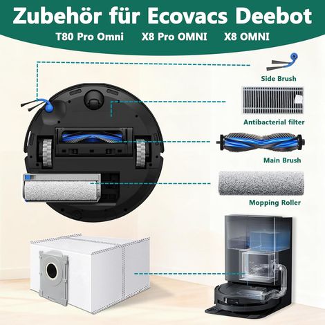 KGC 19 accessoires pour Ecovacs Deebot T80 Pro Omni, X8 OMNI, X8 Pro Omni: 1 brosse principale, 6 sacs à poussière, 2 rouleaux lavage, 4 filtres, 4 brosses latérales, 1 brosse nettoyage (1/4)