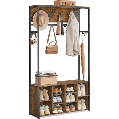 Porte-Manteau, Meuble d’Entrée, avec Étagères à Chaussures, Étagères Réglables, Compartiments Ouverts, Style Industriel, pour Entrée, Couloir, Marron Rustique et Noir d'Encre HSR432K01 (1/5)