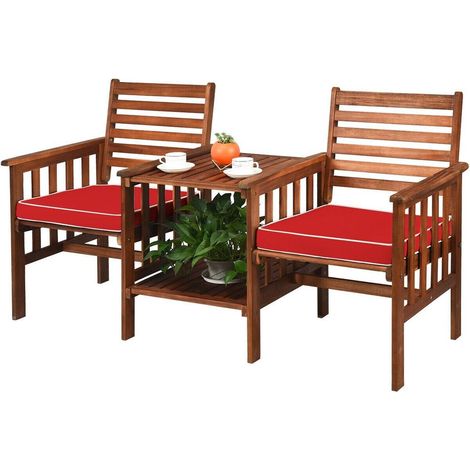 Confort et ombre au jardin, salon de jardin 3 pièces avec table basse à trou pour parasol et étagère (1/5)