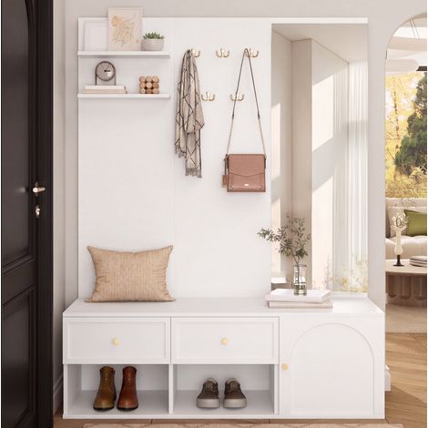Mueble recibidor (120x35x159 cm), 6 en 1, espejo de cuerpo entero, 5 ganchos, tablero aglomerado, blanco (1/5)