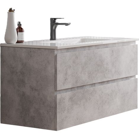 BERNSTEIN - Mobile lavabo sospeso MDF grigio cemento, lavabi bianco lucido + foro rubinetto troppo pieno e piletta - 100x46x50cm - AVA	Calcestruzzo, Bianco lucido