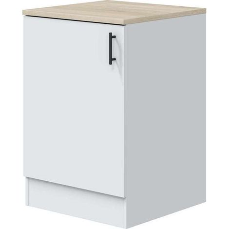 Mueble bajo para cocina 1 puerta Kira en blanco brillo, encimera roble canadian. 90cm(alto) 60cm(ancho) 60cm(largo)