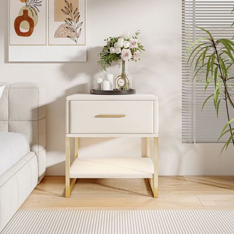 Set aus 2 Nachttischen - Beige Samt - 1 Schublade - Basis aus goldenem Metall - Verstellbare LED-Beleuchtung