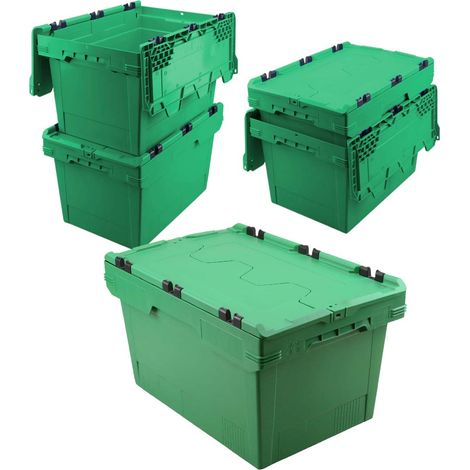 BRB Lot de 5 récipients réutilisables avec couvercle rabattable, vert, graduable, 600 x 400 x 350 mm, 58 l