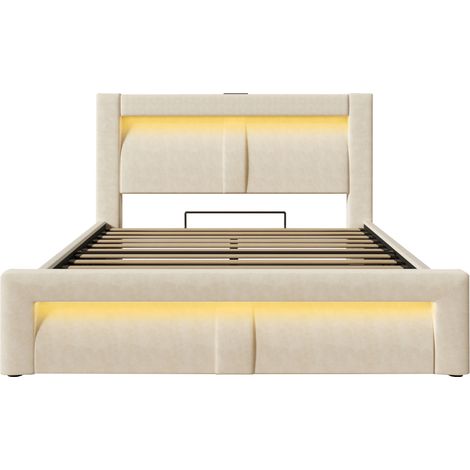 Lit coffre 160x200 cm en velours beige avec LED USB et USB-C tête de lit incurvée HOMVRA (1/5)