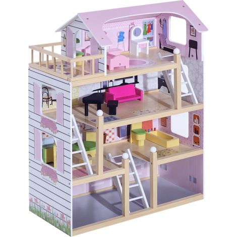 Maison de poupée en Bois Jeu d'imitation 4 Étages pour dès 3 ans 13 Accessoires 60 x 30 x 80 cm Blanc et Rose (1/5)