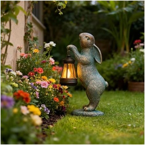 Statue Solaire de Jardin, Lapin avec Lumières Solaires en Résine Résistante aux Intempéries, Sculptures et Statues de Jardin Décoration pour Extérieur Patio, Pelouse