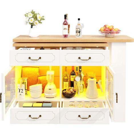 Table de bar extensible 135-203 cm, mange-debout avec rangement, îlot de cuisine pivotant à 360°, LED, blanc (1/5)