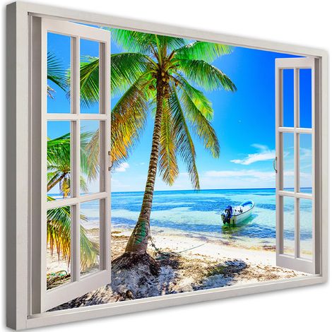 Tableau déco Fenêtre Palmiers mer tropicale 60x40 (1/5)