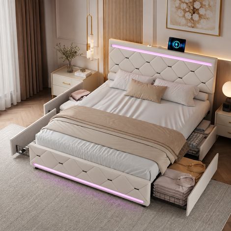 Lit double capitonné 140×200 cm,lumière LED et port USB,lit coffre,4 tiroirs de rangement,grande capacité,cadre de lit 140×200,style moderne,sommier à lattes,lit adultes,Velours,Beige (1/5)