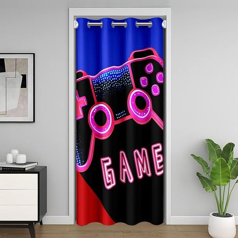 Rideau Gamer pour la vie privée - Jeu vidéo - Contrôleur de jeu vidéo - Rideau de porte fluo pour salon - Décoration de salon - Bleu et rouge - Noir - 1 panneau - 150 x 203 cm - 150L X 203H cm (1 Pann (1/5)