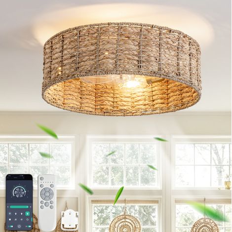 Ventilador de techo con luz 50 x 50 x 20 cm de ratán natural para dormitorio FloraGrace (1/5)