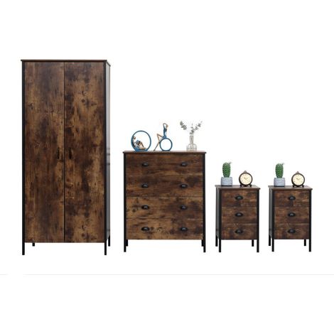 FURNITURE HMD 4 Pieces Bedroom Furniture Sets 2 Door Wardrobe,4 Drawer Chest and Bedside Table X 2,Wooden and Metal (1/3)