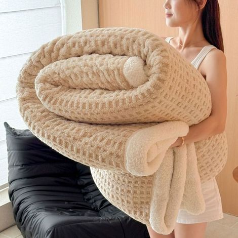Couverture Double Face , 100150cm Motif Nid d’Abeille, Tissu Taffetas et Doublure Sherpa, Épaisse et Chaude pour Lit-kaki (1/5)