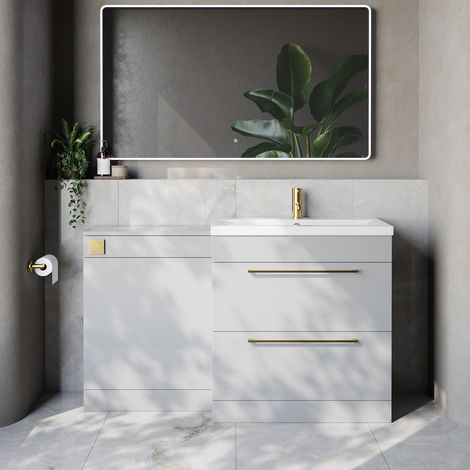 Napoli 390 Cento Gloss Grey Pearl 1400mm 2 Drawer Vanity Unit Toilet Suite with Glide Basin - 1400mm - Brushed Brass 480mm HandleWithout Kingston Toilet Pan