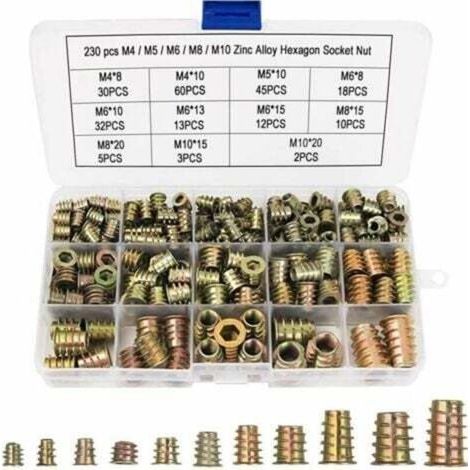 230 Pcs Écrous Hexagonaux M4 M5 M6 M8 M10 avec Inserts Filetés, Alliage de Zinc Insert Fileté Hexagonale Écrous Inserts, pour Meubles en Bois, avec Boîte en Plastique-- (1/4)