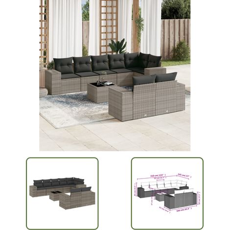 The Living Store Salon de jardin 9 pcs avec coussins gris résine tressée - Ensemble Salon De Jardin - Meuble De Jardin - Résine Tressée - Rotin Synthétique - Mobilier D'extérieur (1/3)