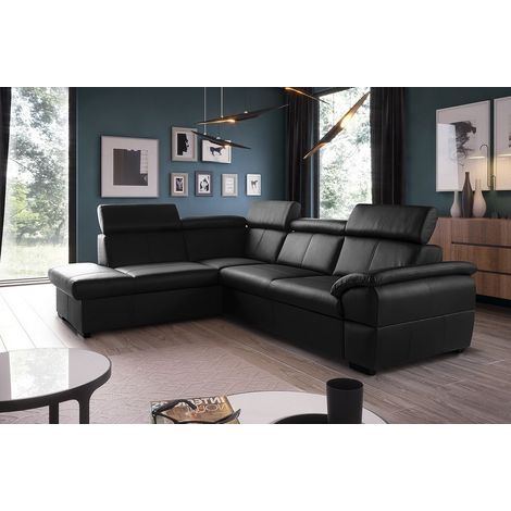 - Canapé d'angle convertible en cuir italien de luxe 5/6 places TONY, avec coffre, noir, angle gauche (1/5)