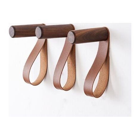 (Set di 3 ganci da parete in pelle color noce), appendiabiti da parete in legno per appendere borse, asciugamani e cappotti, design moderno scandinavo