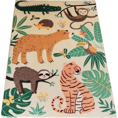 Alfombra de felpa con motivo de selva, antideslizante, 150 x 80 cm, multicolor (1/5)