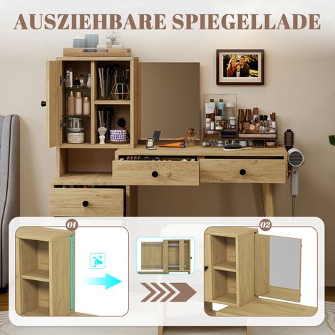 Coiffeuse moderne avec miroir et rangements le miroir est escamotable. Elle est équipée de 5 tiroirs, d’un meuble latéral et d’un tabouret rembourré beige (aspect bois naturel). (1/4)