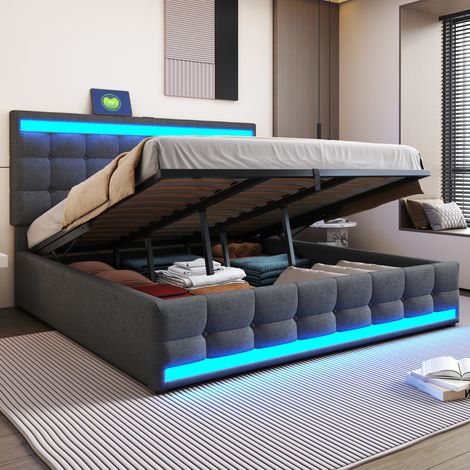 Bett mit Bettkasten 180x200, RGB-LEDs, USB und verstellbarem Kopfteil grau HAVRYA (1/5)