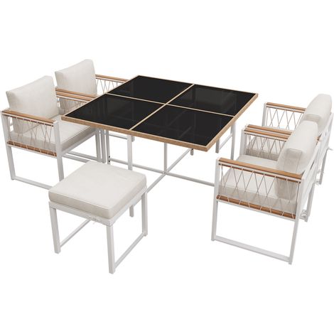 Conjunto de Jardín con 1 Mesa Cuadrada, 4 Sillones y 2 Reposapiés, para 6 personas, Madera de Acacia, Ratán y Metal, Natural y Blanco (1/5)
