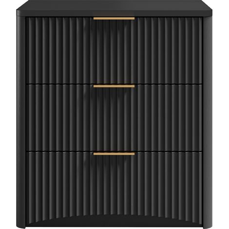Comodino nero in MDF con 3 cassetti e maniglie dorate, 58 x 38 x 64 cm (1/5)