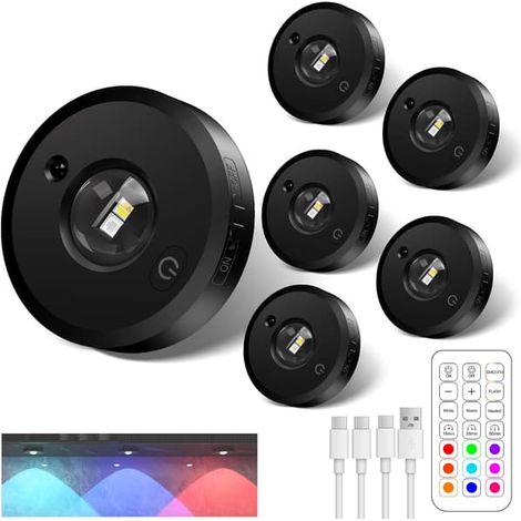 Ensemble de 6 spots sans fil avec télécommande - alimenté par une batterie RGB rechargeable de 1200 mAh - Pour armoires, penderies et vitrines (1/4)