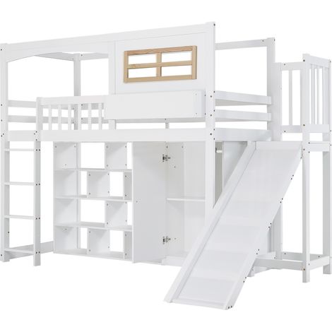 Cama alta infantil 90 x 200 cm blanca con tobogán, barandillas, armario y almacenaje MODENUIT (1/5)