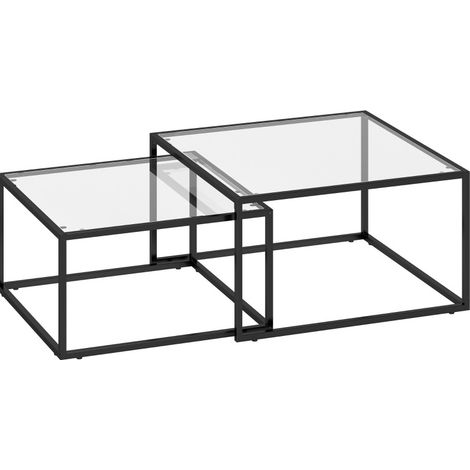 Set de 2 mesas de centro nido con tablero de vidrio templado y estructura metálica negra (1/4)