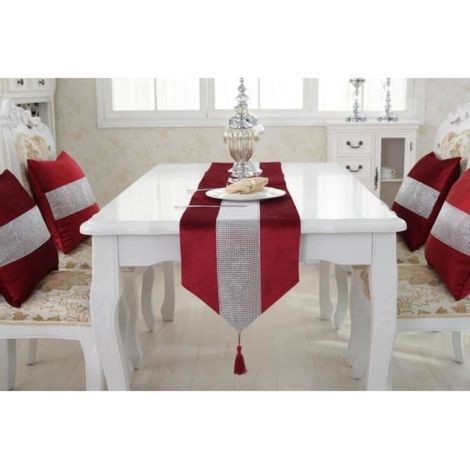 Chemin de table 32180cm, avec Bande Diamante et Pompons - rouge vin (1/4)
