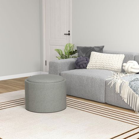 Sgabello imbottito, in lino, con vano portaoggetti nascosto, coperchio reversibile, 56 cm x 56 cm x 42 cm, grigio + naturale