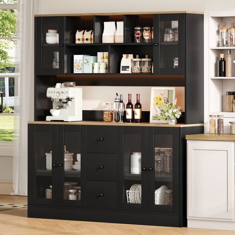 Meuble haut de cuisine 150/40/173 cm noir et naturel, avec LED RVB, prises et 3 tiroirs (1/5)