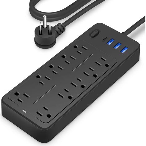 Regleta multifuncional con protección contra sobretensiones, puertos USB y USB-C [MPP-1410] 10 entradas de CA, 3 puertos USB, 1 puerto USB-C, 900 julios, protección automática, cable de 1,2 m